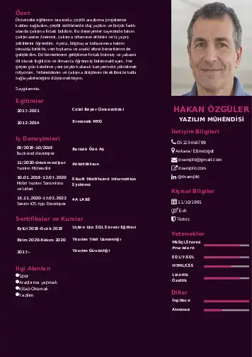 Yazılım Mühendisi Cv Örnekleri cv indir